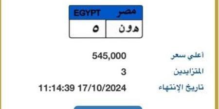 "هـ و ن- 5" لوحة مميزة جديدة يزايد عليها 3 أشخاص بسعر يتخطى نصف مليون جنيه